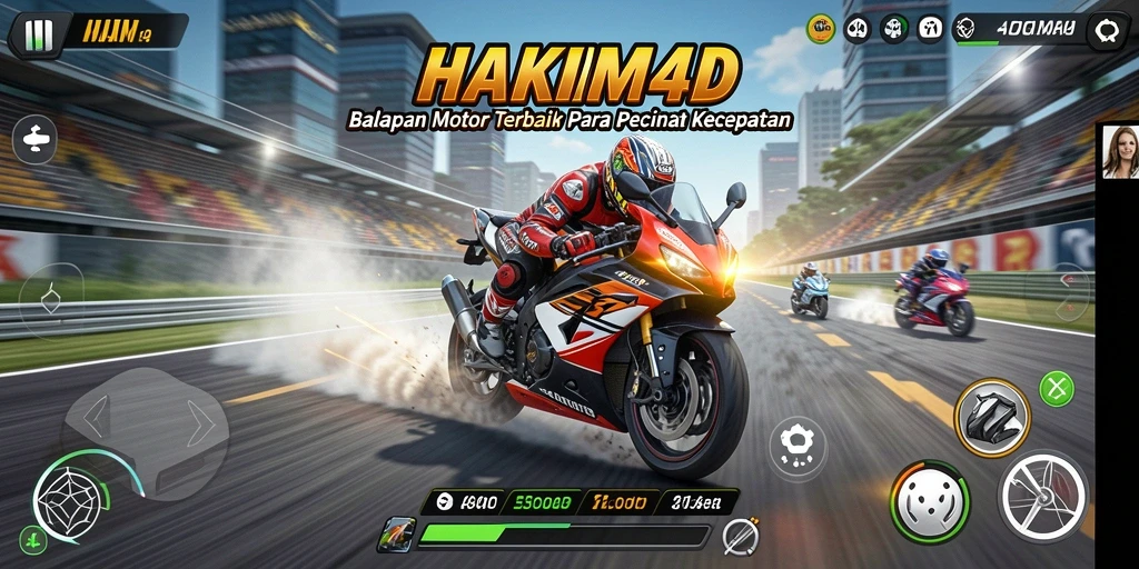 Screenshot utama HAKIM4D menampilkan aksi balapan motor yang seru dan dinamis.