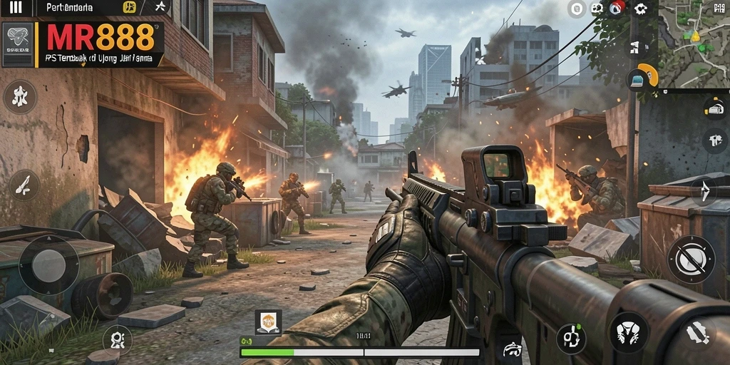 Tampilan aksi mendebarkan dalam gameplay FPS MR888.